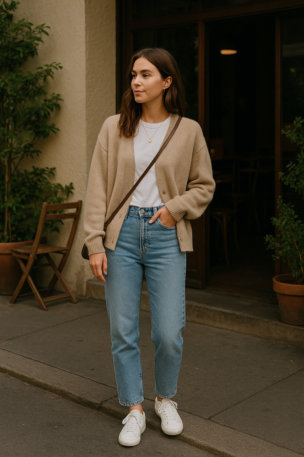 SKIPIKS AI时尚大片 — casual, minimalist — 柔软的米色开衫与牛仔裤的组合营造出舒适温暖的氛围。搭配白色T恤和运动鞋，展现干净而休闲的风格。这种搭配非常适合秋季日常出行或在咖啡馆享受悠闲时光。