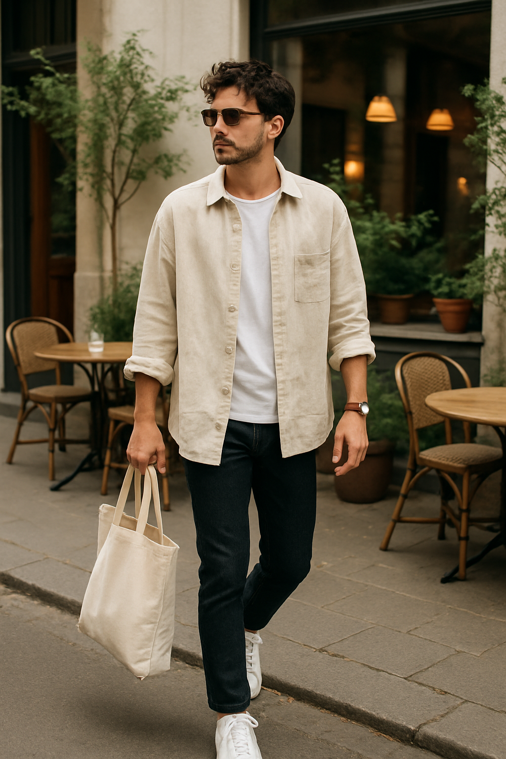 SKIPIKS AI fashion editorial — casual, minimalist — 베이지 린넨 셔츠와 화이트 티셔츠가 데님 팬츠와 조화를 이루어 부드럽고 자연스러운 룩을 완성합니다. 자연스러운 아이템들이라 다양한 액세서리와 매