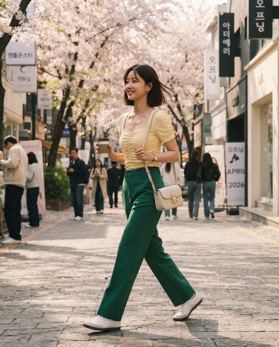 SKIPIKS AI 패션 화보 — casual, colorful, trendy — 노란색 티셔츠와 그린 팬츠가 산뜻한 색조합을 이루며 봄날의 활기찬 무드를 더해요. 풍성한 소재의 팬츠는 캐주얼한 스니커즈와 매치해 편안한 일상 