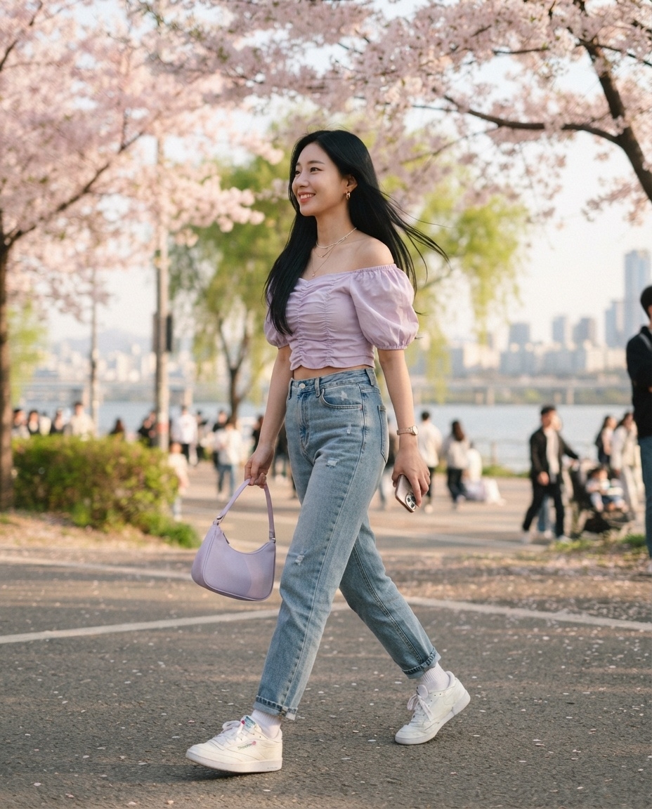 SKIPIKS AIファッション写真 — feminine, casual — 벚꽃이 만개한 봄날에 어울리는 러블리한 퍼프소매 블라우스와 청바지의 조합이 눈길을 끕니다. 심플한 운동화로 캐주얼한 무드를 살리고, 연보라색 숄