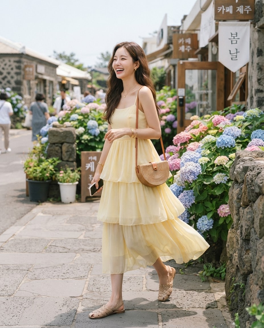 SKIPIKS AI fashion editorial — feminine, bohemian — 옐로우 드레스가 따뜻한 여름날의 밝은 분위기를 더욱 돋보이게 해주는 룩입니다. 라탄 크로스백과 베이지 샌들로 자연스러운 무드를 더해 보세요. 여