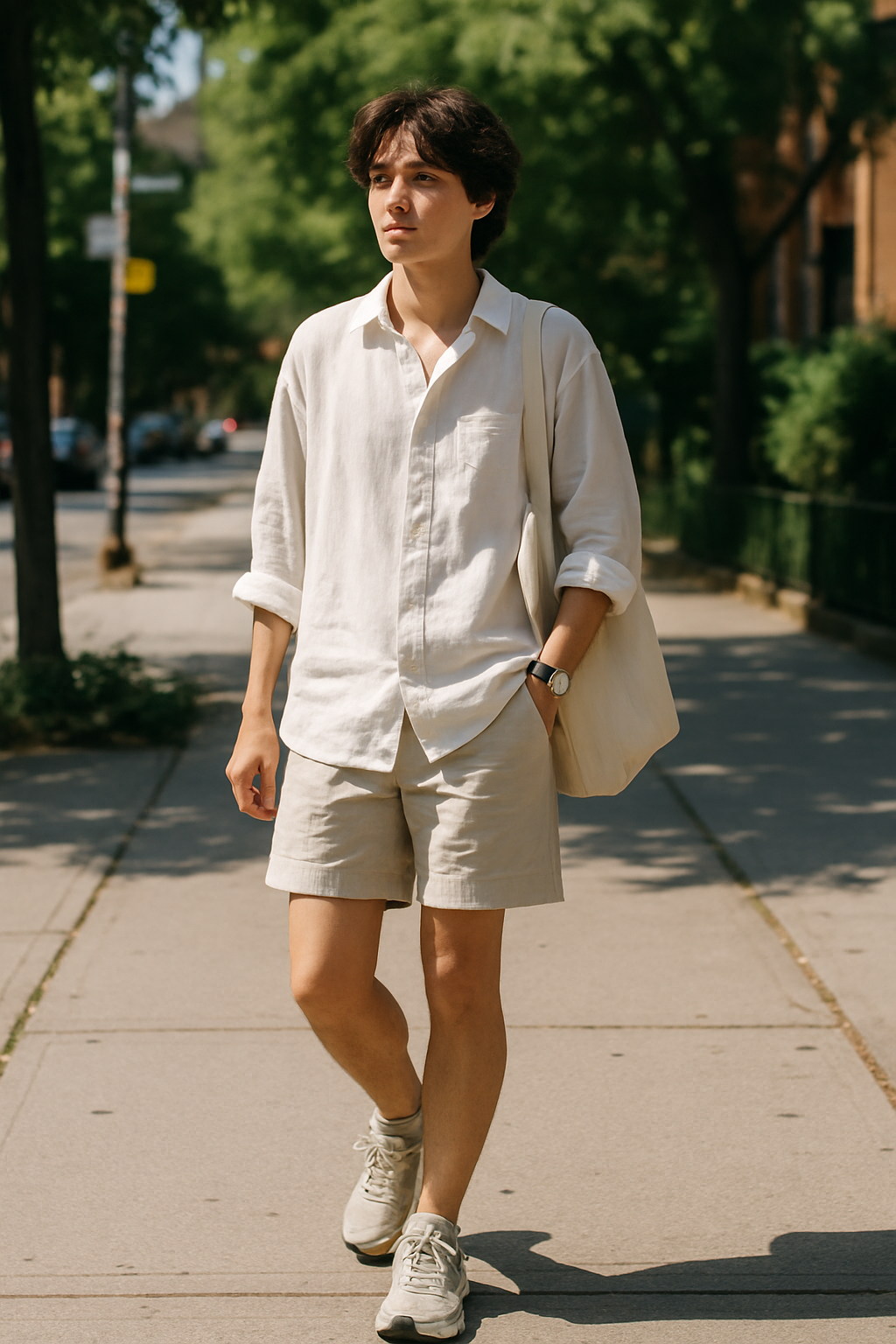 SKIPIKS AI 패션 화보 — minimalist, casual — 편안하고 여유로운 무드의 아이보리 셔츠와 베이지 반바지가 자연스럽게 어우러진 스타일입니다. 가벼운 소재로 시원하면서도 세련된 분위기를 연출해보세