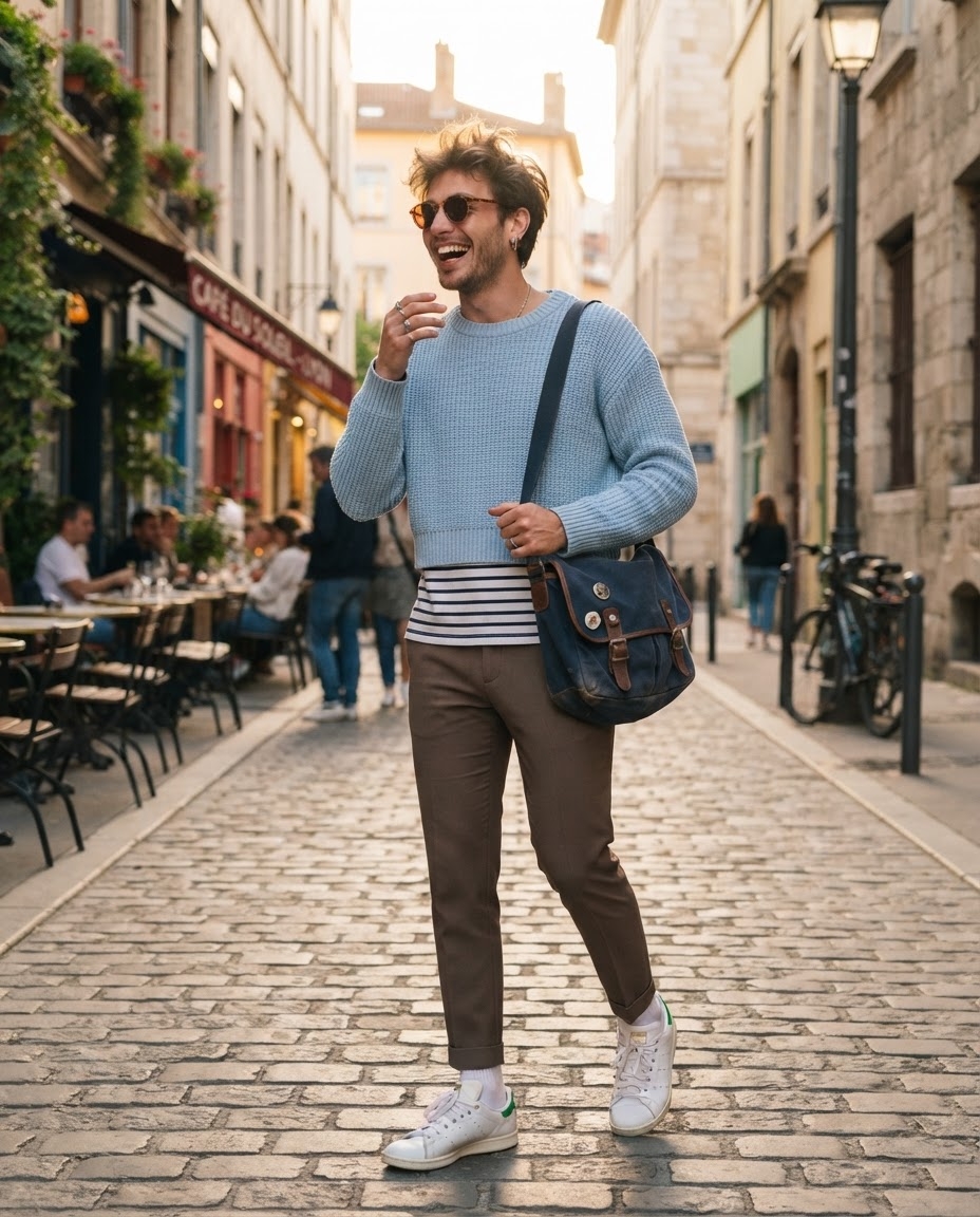 SKIPIKS AI 패션 화보 — casual, chic — 하늘색 니트 스웨터와 스트라이프 티셔츠의 조합이 가을의 청량한 느낌을 잘 살려줍니다. 슬림한 갈색 팬츠와 클래식한 흰색 스니커즈를 매치해 세련된