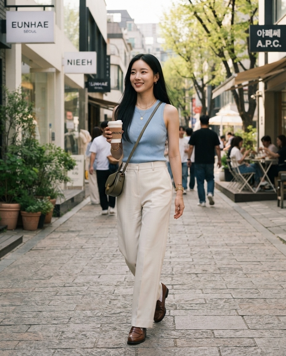 SKIPIKS AI 패션 화보 — casual, minimalist, chic — 하늘색 니트 슬리브리스와 아이보리 팬츠의 조화가 상쾌한 여름 무드를 연출해보세요. 카키색 크로스백과 브라운 로퍼로 포인트를 주어 세련된 느낌을 