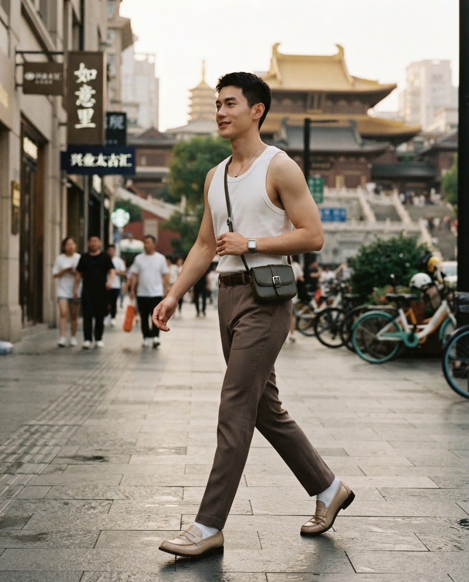 SKIPIKS AIファッション写真 — minimalist, smartcasual — 화이트 슬리브리스 티셔츠와 브라운 슬랙스로 완성된 깔끔한 미니멀 룩입니다. 크로스백과 베이지 로퍼로 스마트한 캐주얼 무드를 더해보세요. 여름철 