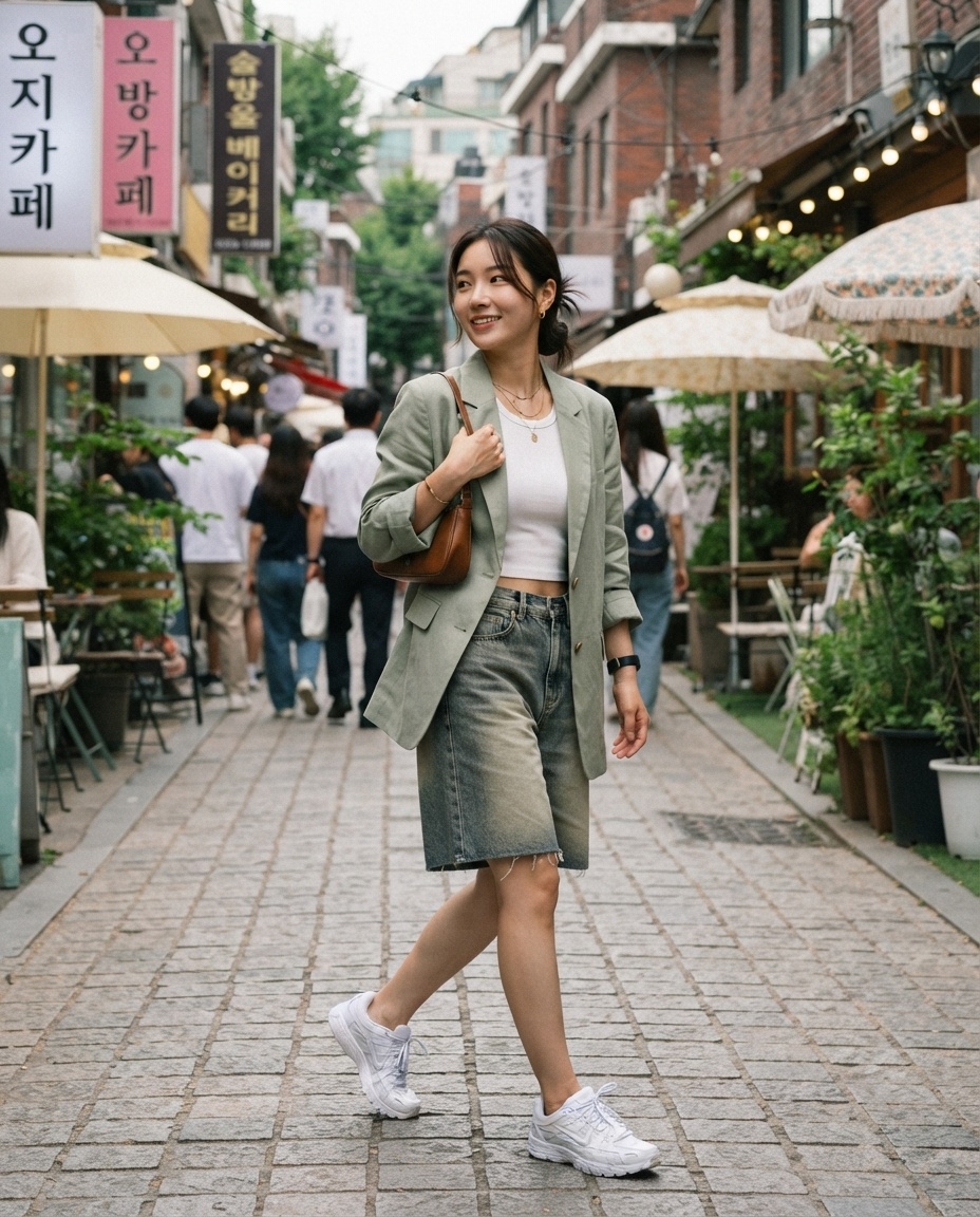 SKIPIKS AI时尚大片 — casual, vintage, feminine — 用浅绿色西装外套和牛仔短裤组合，完成夏季复古氛围。搭配白色背心，营造清新明亮的感觉，并用棕色单肩包增添亮点。这种风格非常适合日常出游或轻松外出。