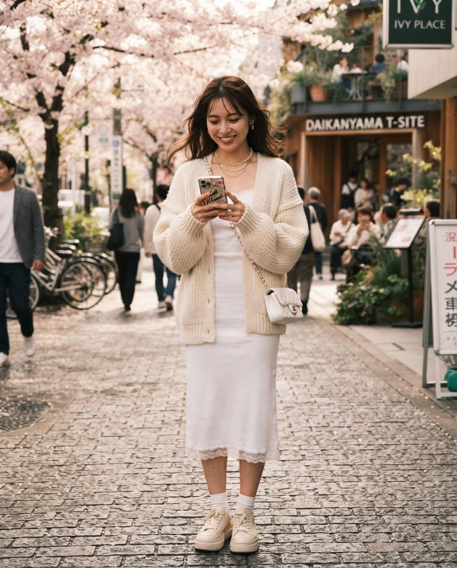 SKIPIKS AIファッション写真 — feminine, minimalist, romantic — 이 룩은 봄날의 로맨틱한 무드를 살린 페미닌 스타일입니다. 베이지 컬러의 니트 가디건과 화이트 미디 드레스가 따뜻하면서도 깨끗한 느낌을 줍니다.