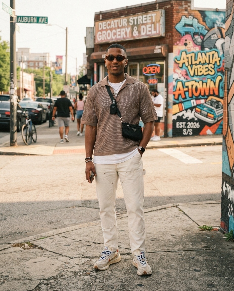 SKIPIKS AIファッション写真 — streetwear, minimalist, casual — 이번 여름, 베이지 톤의 폴로 셔츠와 크림색 바지로 산뜻한 캐주얼 룩을 완성해보세요. 블랙 크로스백과 선글라스로 남성적이면서도 도시적인 매력을 