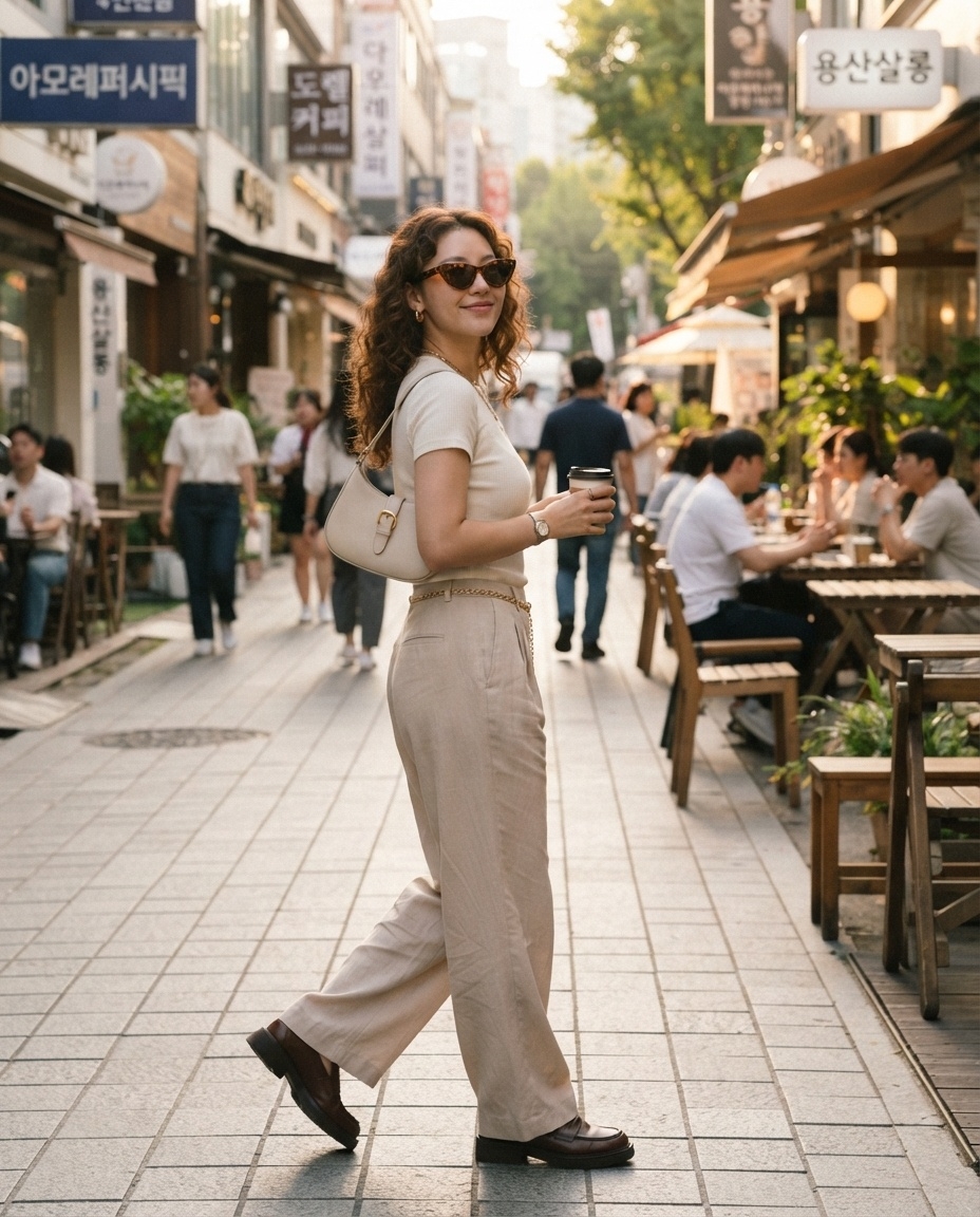 SKIPIKS AIファッション写真 — casual, minimalist — 柔らかなベージュトーンの組み合わせが洗練された夏のカジュアルルックを完成させます。ベージュの半袖Tシャツとワイドパンツを合わせて、落ち着きながらも快適なシルエッ