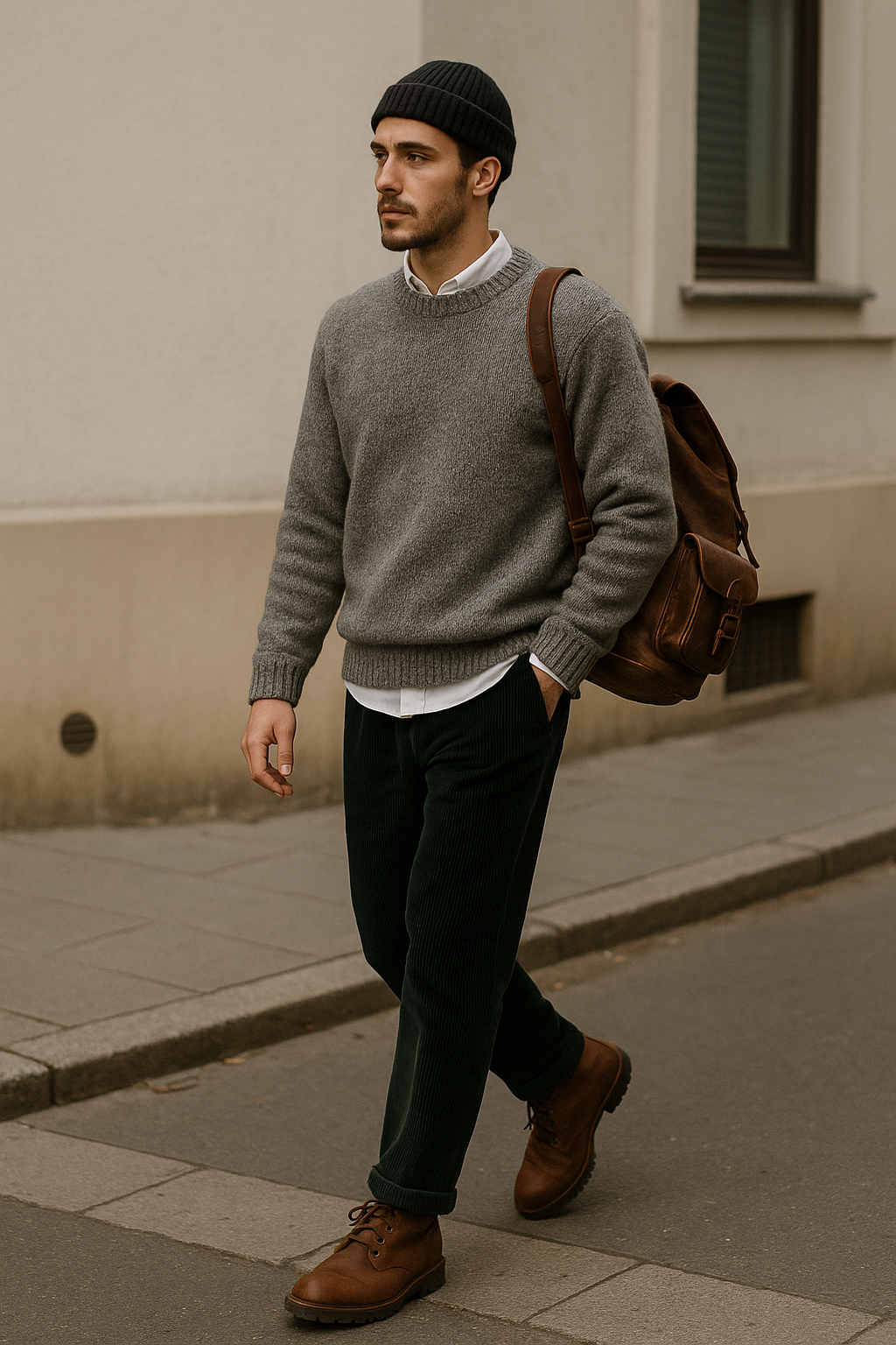 SKIPIKS AI fashion editorial — casual, layered — This look offers a warm autumn vibe with a calm gray knit sweater and dark green