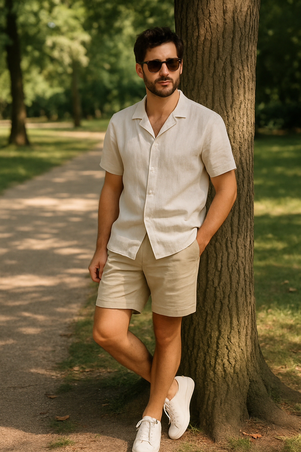 SKIPIKS AI时尚大片 — minimalist, casual, summer — 크림색 린넨 셔츠와 베이지 쇼츠로 여름철 시원한 무드를 완성했습니다. 캐주얼한 화이트 스니커즈와 선글라스를 매치해 스타일에 활기를 더해보세요. 
