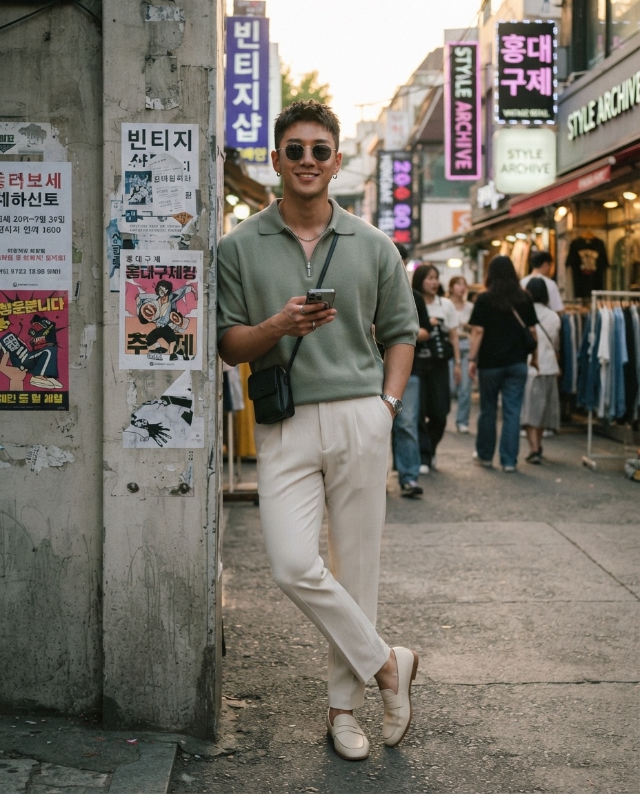 SKIPIKS AI 패션 화보 — minimalist, smartcasual — 카키 폴로 셔츠와 베이지 슬랙스의 조화로 세련된 분위기가 돋보이는 룩이에요. 깔끔한 실루엣을 살려주는 아이템들로 스마트 캐주얼 스타일을 완성해보