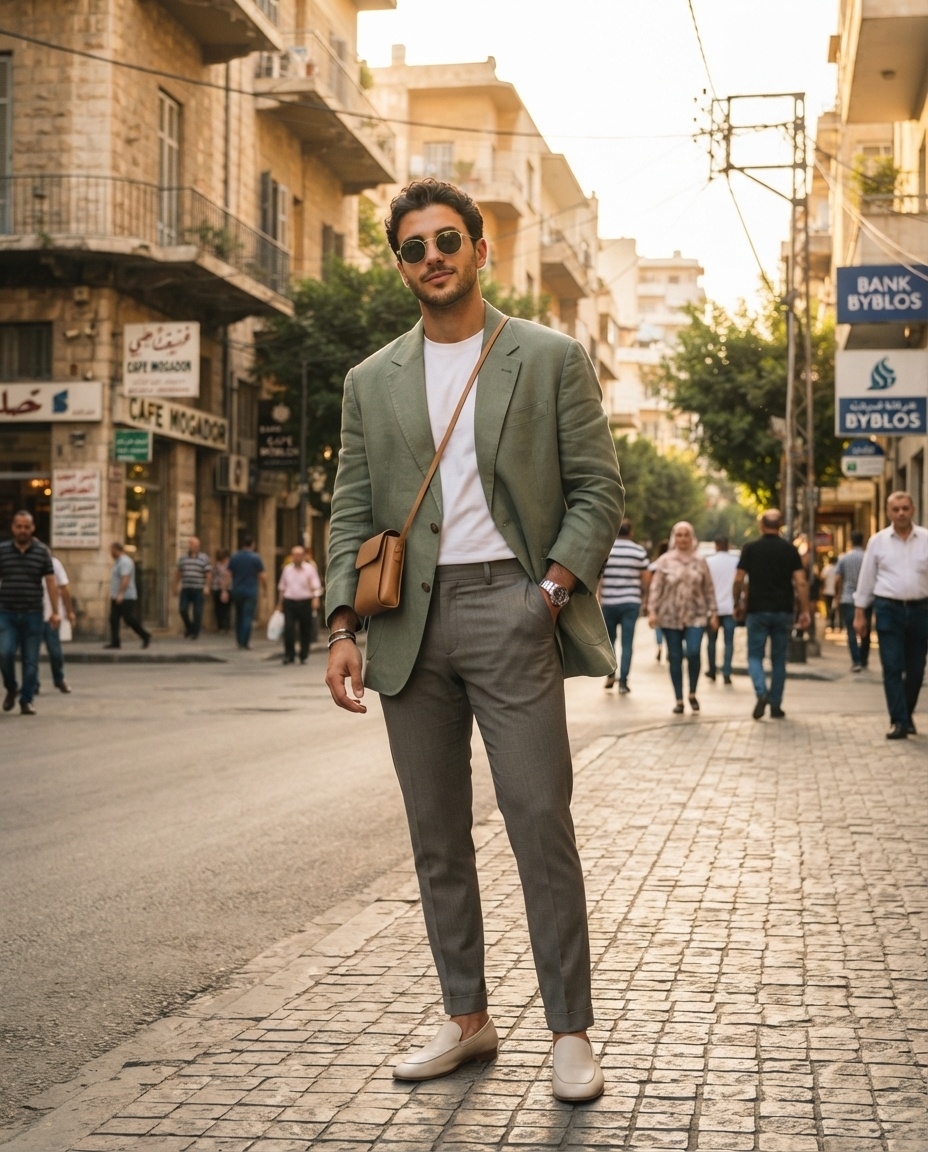 SKIPIKS AI fashion editorial — minimalist, smart_casual, chic — 차분한 녹색 블레이저와 그레이 슬랙스로 완성된 깔끔하면서도 고급스러운 분위기가 돋보입니다. 화이트 티셔츠와 로퍼로 편안한 느낌을 더하며, 브라운