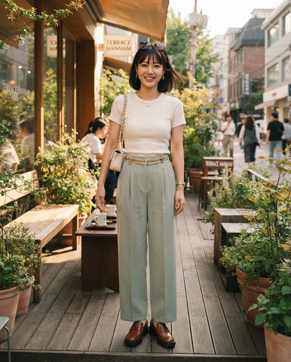 SKIPIKS AI时尚大片 — minimalist, chic, casual — 깔끔한 화이트 티셔츠와 민트 와이드 팬츠가 청량한 무드를 자아내는 스타일입니다. 브라운 로퍼와 골드 벨트 체인으로 세련미를 더해보세요. 여름철 