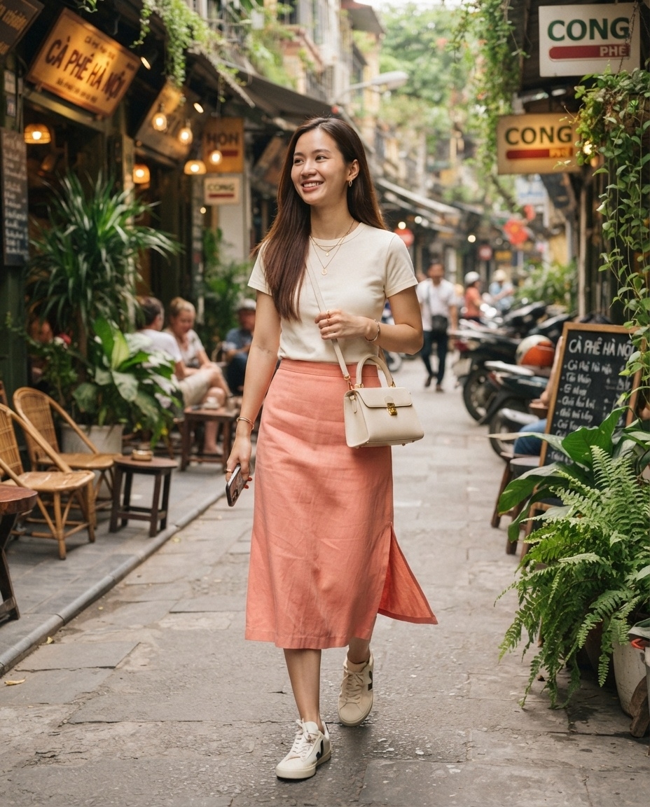SKIPIKS AI时尚大片 — casual, chic — 米色与珊瑚色的柔和搭配令人瞩目，适合夏日的舒适休闲造型。推荐搭配长裙和运动鞋，兼顾舒适与风格。这是日常约会或享受夏日咖啡氛围的理想选择。