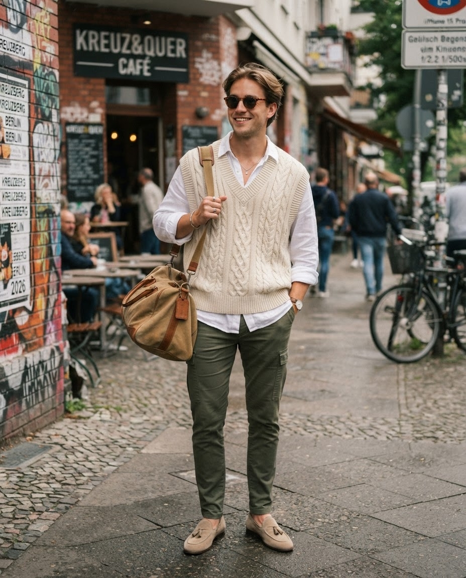 SKIPIKS AI 패션 화보 — smartcasual, preppy — 크림색 니트 베스트와 흰 셔츠의 조화가 세련되면서도 편안한 느낌을 주는 룩이에요. 카키 카고 팬츠를 선택해 활동성을 더하고, 베이지 로퍼와 매치
