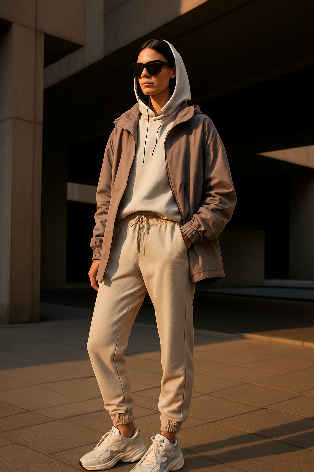 SKIPIKS AI时尚大片 — casual, streetwear — 这是一种棕色夹克和奶油色慢跑裤的组合，散发出舒适而又优雅的氛围。加上运动鞋强调活动性，再用太阳镜完成造型。非常适合轻松出门或与朋友的日常聚会。
