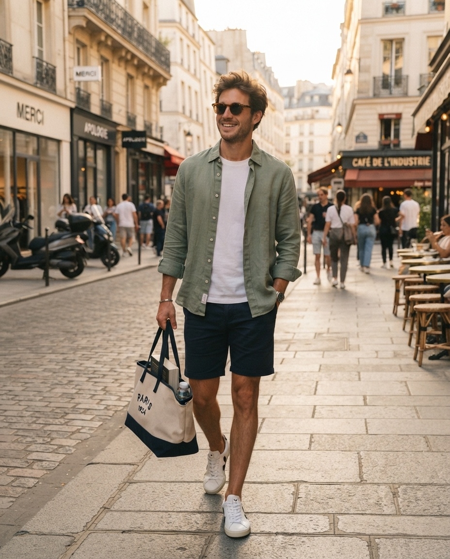 SKIPIKS AIファッション写真 — smartcasual, urban, relaxed — 산뜻한 녹색 셔츠와 흰색 티셔츠의 조화가 깔끔하고 신선한 느낌을 줍니다. 네이비 반바지와 흰색 스니커즈가 편안함을 강조하며, 아이보리 쇼퍼백이 