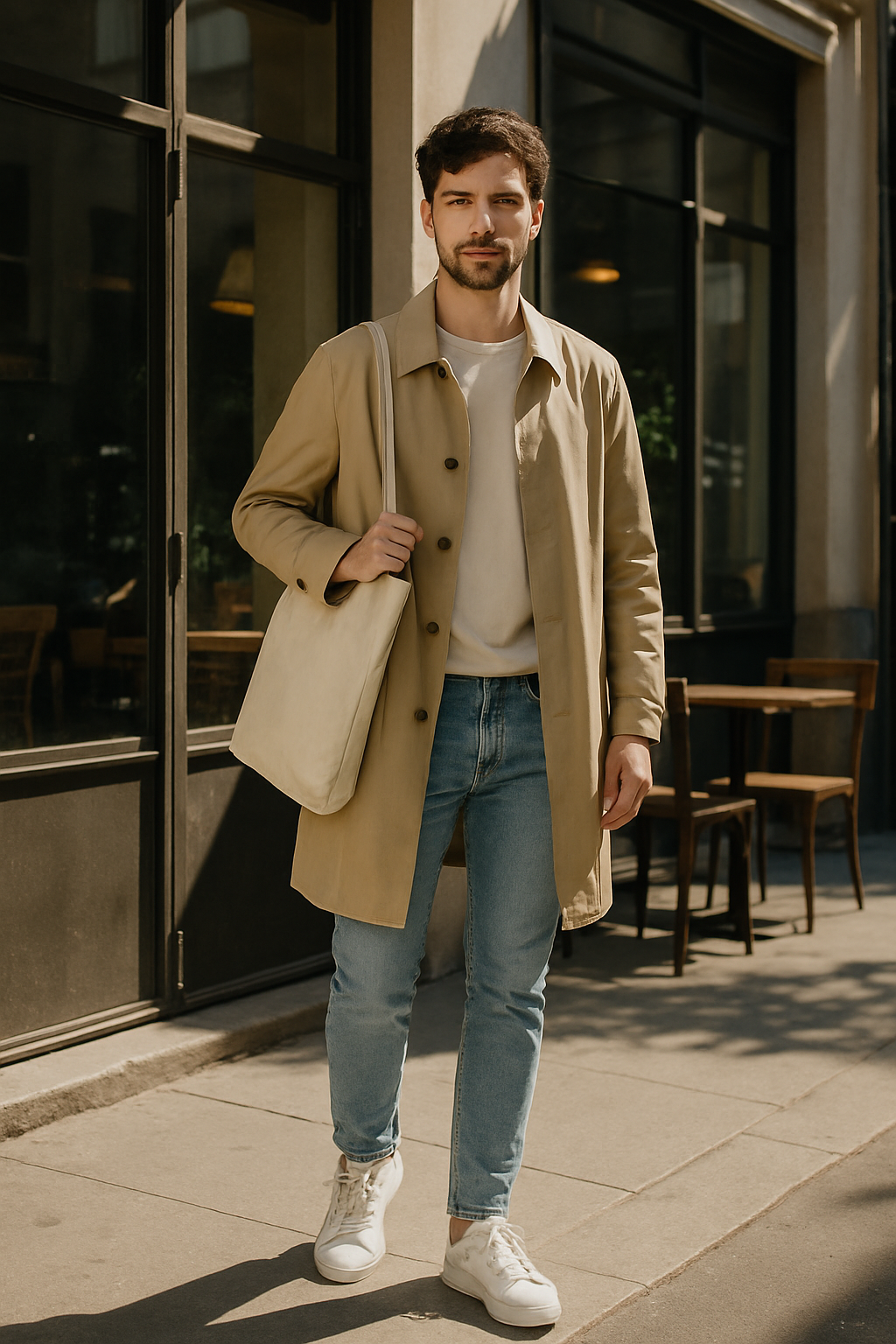 SKIPIKS AI fashion editorial — minimalist, casual — This minimalist look highlights the harmony of a beige trench coat and a simple 