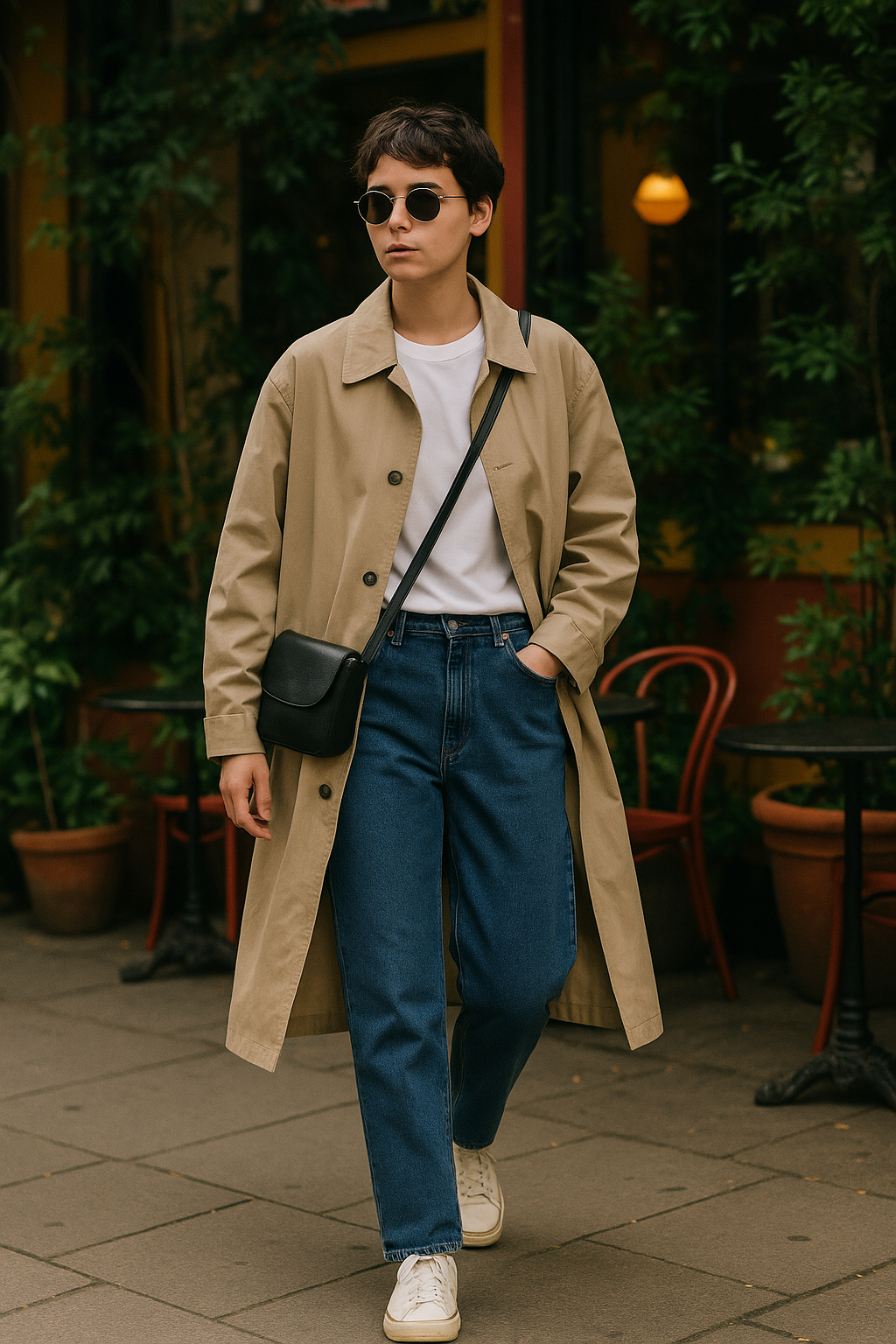 SKIPIKS AI 패션 화보 — minimalist, streetwear — 베이지 트렌치코트와 청바지가 조화롭게 매치된 시크한 가을 룩이에요. 화이트 티셔츠로 깔끔함을 더하고 블랙 크로스백과 선글라스로 스타일 포인트를 