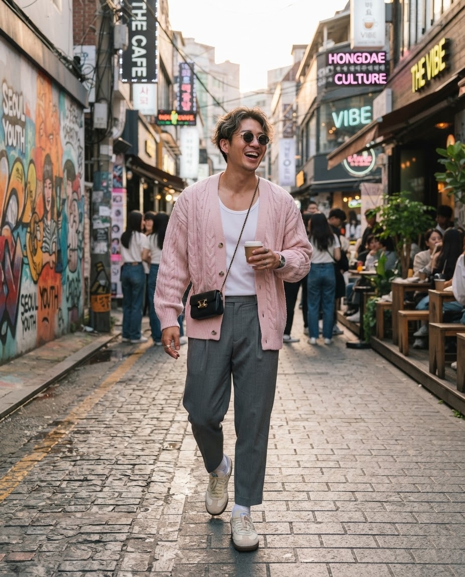 SKIPIKS AI 패션 화보 — casual, streetwear — 핑크 카디건이 포인트인 캐주얼한 스트리트룩으로, 부드러운 색감과 편안한 실루엣이 조화를 이루고 있어요. 그레이 슬랙스와 화이트 스니커즈로 깔끔함