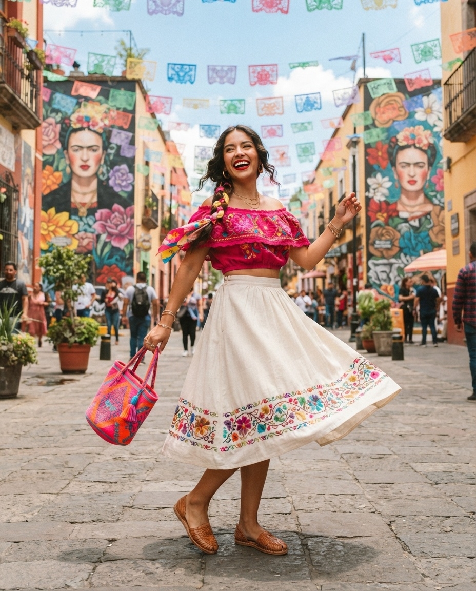 SKIPIKS AIファッション写真 — bohemian, vibrant, festival — 華やかな色合いとラッフルディテールが目を引くオフショルダーブラウス。ボヘミアン感を醸し出す刺繍スカートとカラフルなハンドバッグを合わせれば、活気ある夏のルックが