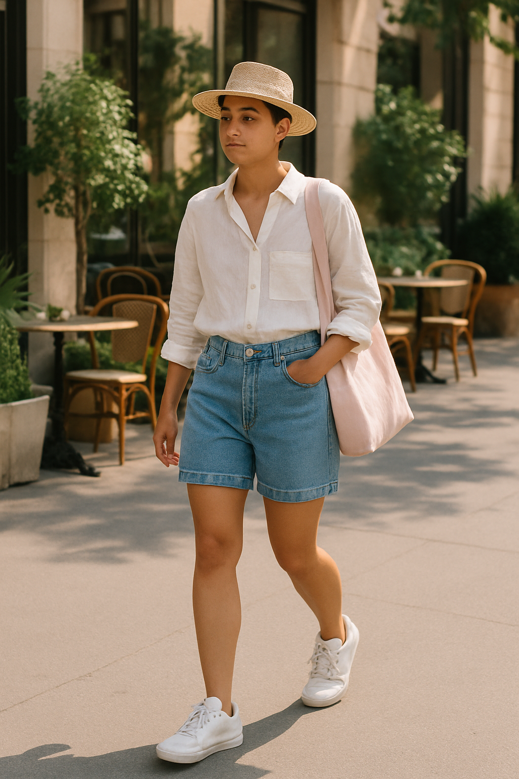 SKIPIKS AIファッション写真 — casual, minimalist — リラックスした涼しげな夏のカジュアルルックが完成しました。ベージュのストローハットとリネンシャツが軽やかなムードを演出し、デニムショーツがアクティブさをプラスし