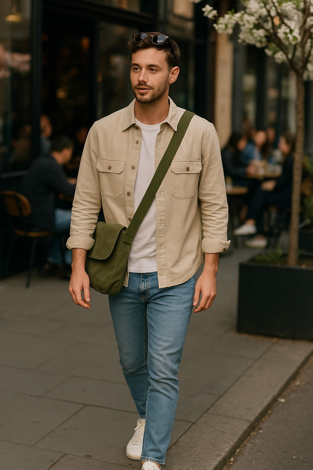 SKIPIKS AIファッション写真 — minimalist, casual — ベージュのシャツとホワイトのTシャツが柔らかなカラーコンビネーションでリラックスした雰囲気を演出します。ジーンズとホワイトスニーカーを合わせてカジュアルでありな