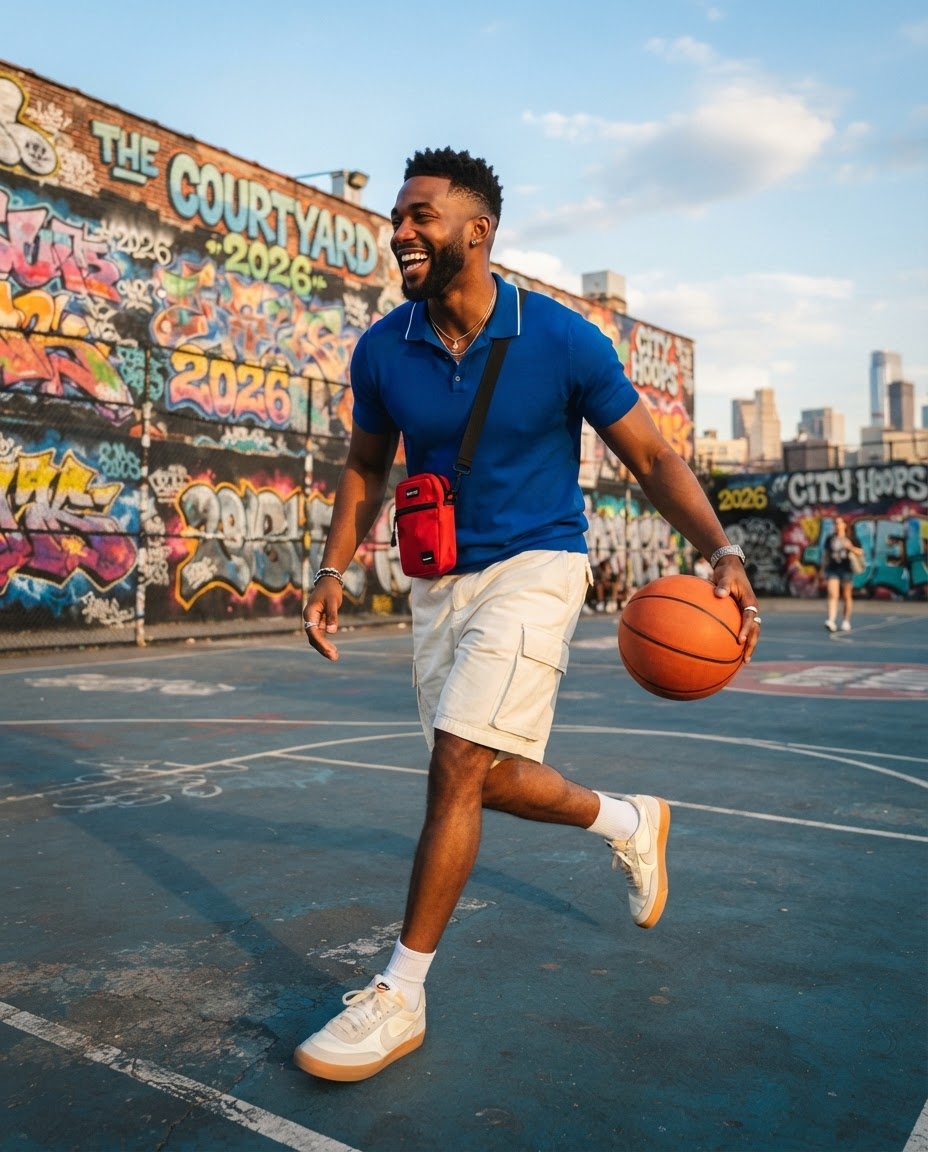 SKIPIKS AI时尚大片 — sporty, casual, streetwear — 这款生动的蓝色 polo 衫搭配米色工装短裤，展现出活泼的夏季造型。搭配红色斜挎包，为时尚增添趣味。与运动鞋搭配，打造出更具风格的日常造型。