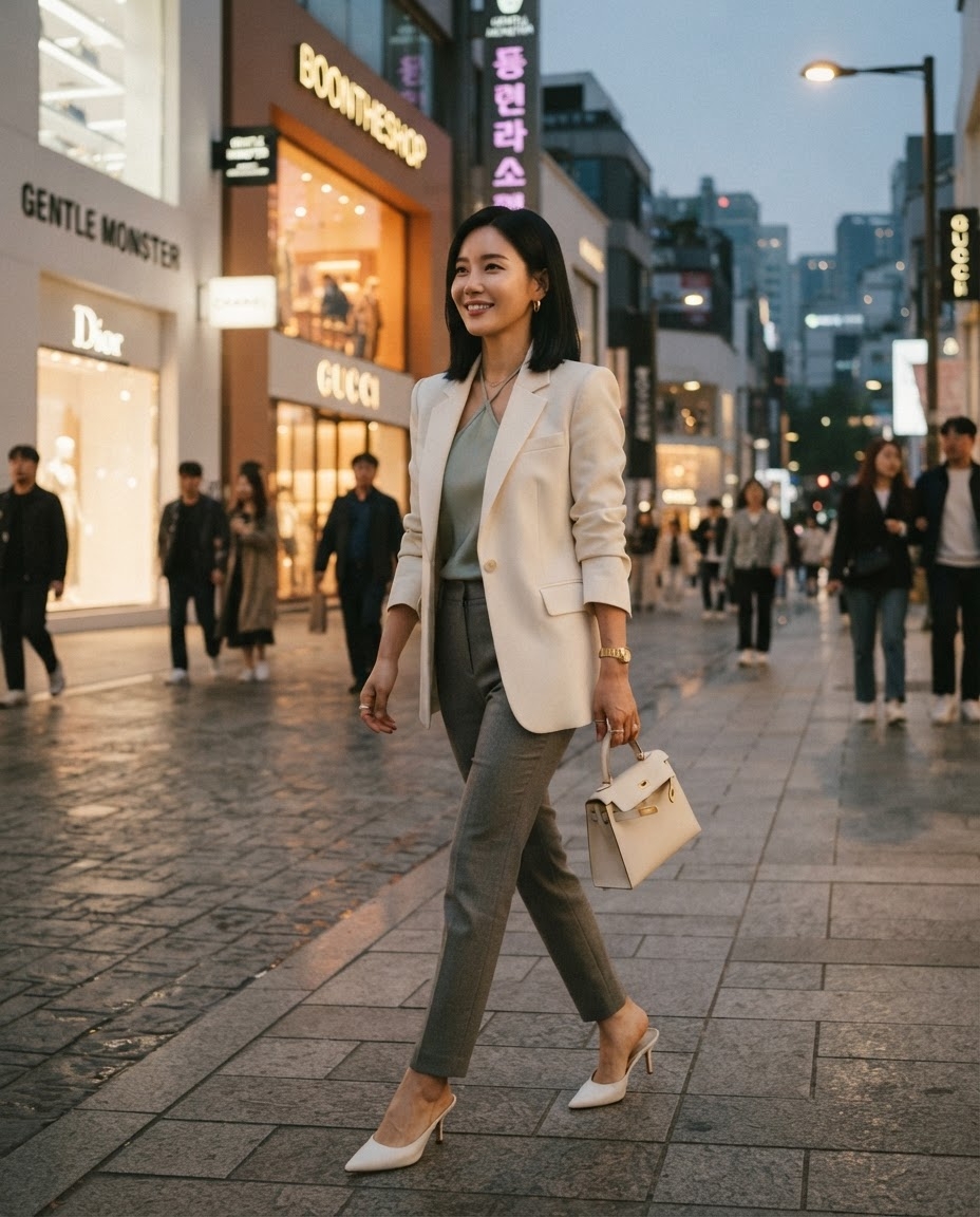 SKIPIKS AI fashion editorial — minimalist, chic — Complete a sophisticated office look with a sleek beige blazer and a subtle gree