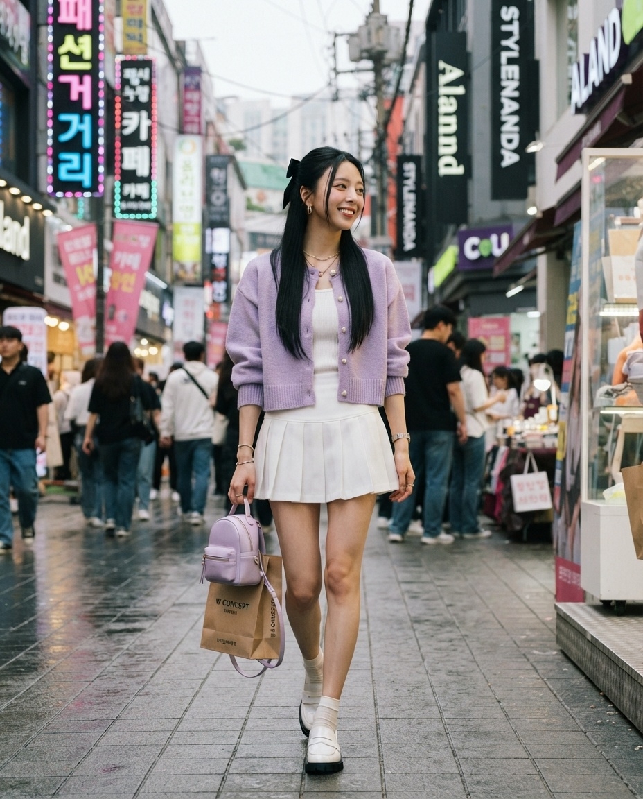 SKIPIKS AIファッション写真 — feminine, streetwear — ライラックカラーのカーディガンとホワイトプリーツスカートの組み合わせがロマンティックで活気ある雰囲気を演出します。バックパックとローファーを合わせることでカジュ