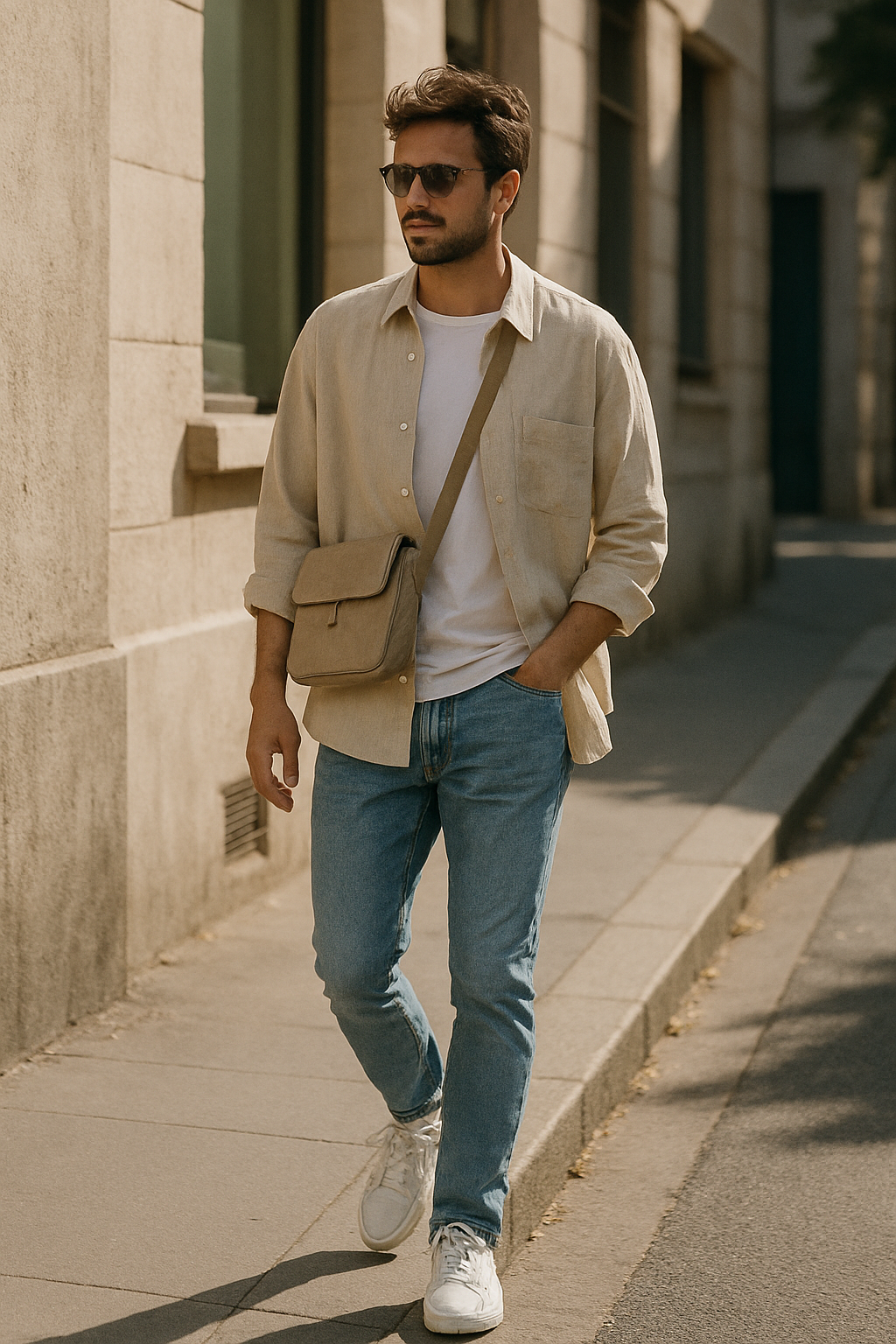 SKIPIKS AI 패션 화보 — minimalist, casual — 부드러운 베이지 톤의 셔츠와 청바지가 어우러져 깔끔하고 친근한 룩을 연출해보세요. 기본 흰 티셔츠와 흰색 운동화로 캐주얼하게 스타일링을 완성하면