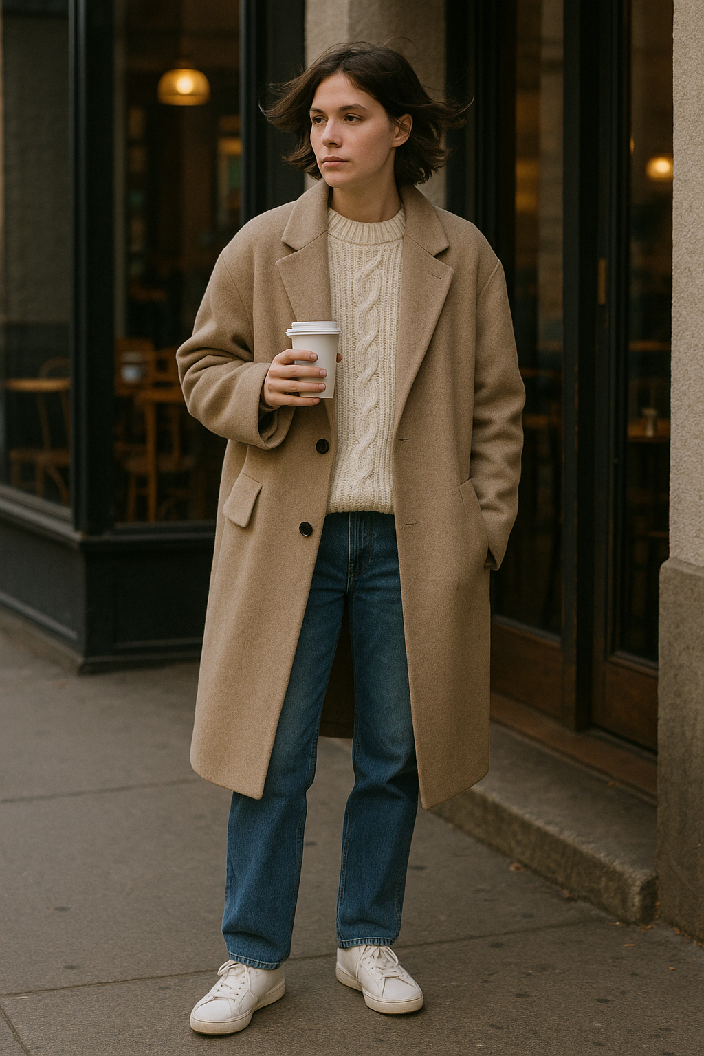 SKIPIKS AIファッション写真 — minimalist, casual — ベージュのコートとクリーム色のニットセーターの組み合わせが、温かみのあるミニマルなムードを演出します。ジーンズとホワイトスニーカーでカジュアルにスタイリングし、