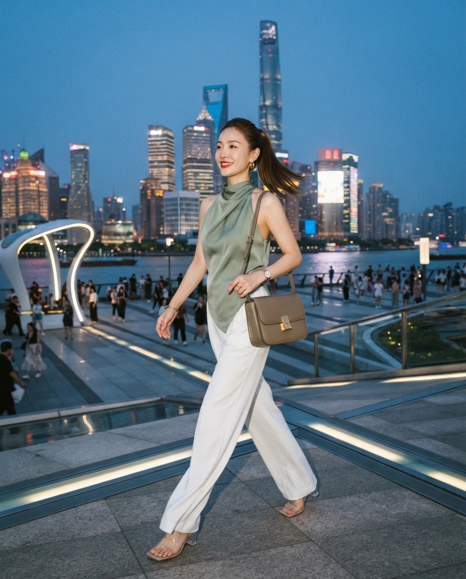 SKIPIKS AI 패션 화보 — chic, sophisticated — 도시적인 분위기의 민트 블라우스와 화이트 슬랙스가 시크한 조화를 이뤄요. 브라운 톤의 숄더백을 함께 매치하면 세련된 오피스 룩이 완성됩니다. 여
