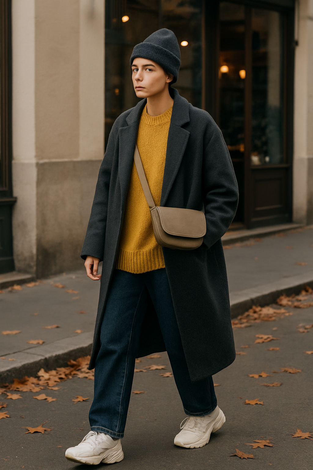 SKIPIKS AIファッション写真 — streetwear, casual, urban — 濃いグレーのコートと黄色のニットの組み合わせが際立つストリートカジュアルスタイルです。ジーンズとビーニーで全体の雰囲気を都会的で快適に仕上げました。デイリールッ