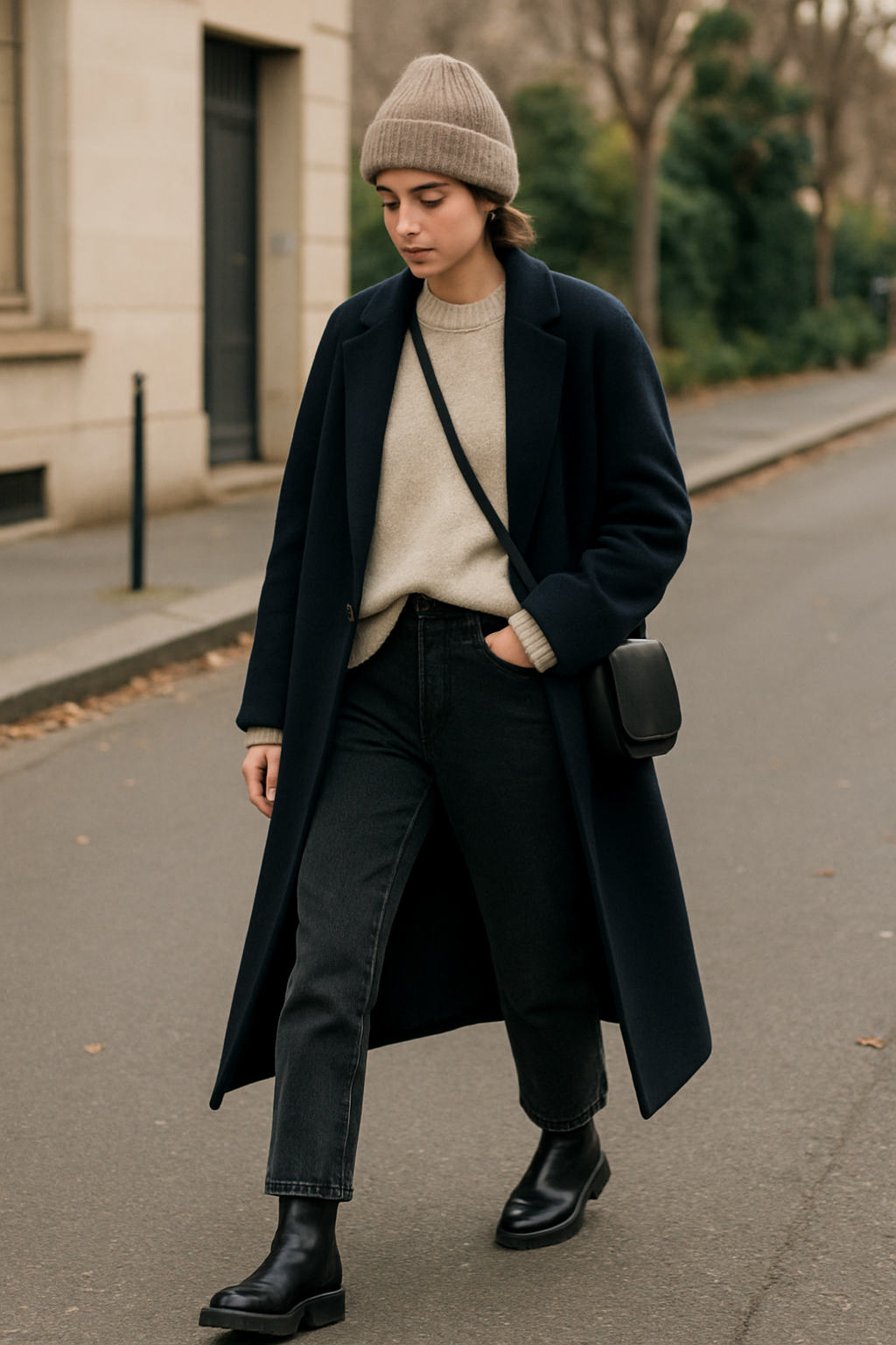 SKIPIKS AIファッション写真 — minimalist, casual — 落ち着いたベージュのニットセーターとネイビーのロングコートの組み合わせが、温かく高級感のあるムードを演出します。スリムなブラックジーンズとエレガントなブーツでモ