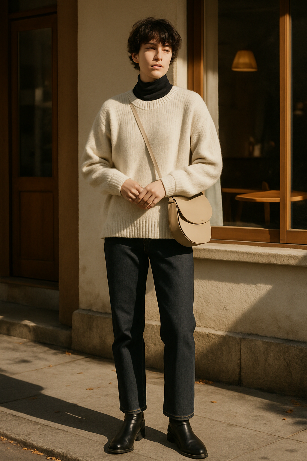 SKIPIKS AI fashion editorial — minimalist, casual, classic — The cream sweater and beige crossbody bag create a soft and warm modern look. Co