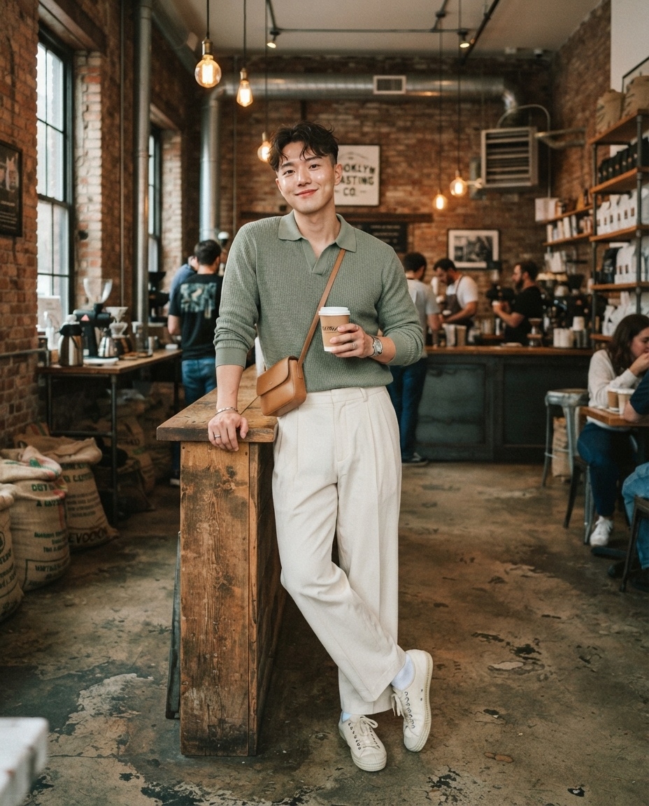 SKIPIKS AI fashion editorial — minimalist, casual — The soft khaki knit polo creates an attractive vibe. Paired with cream wide-leg 