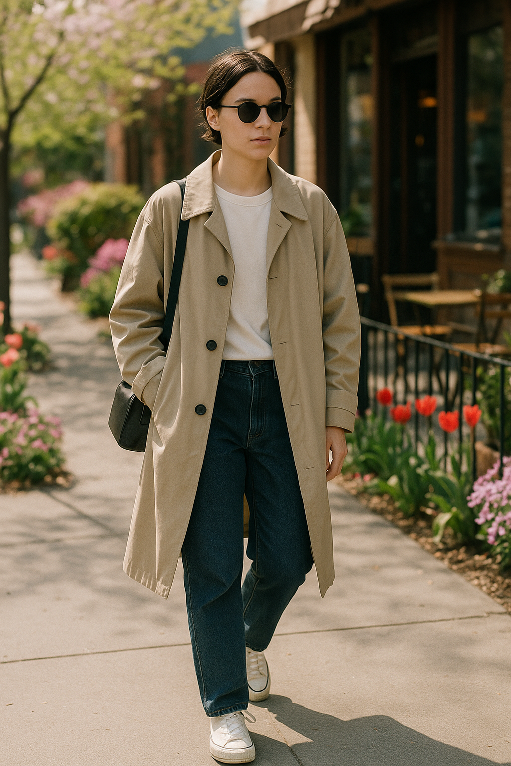 SKIPIKS AI 패션 화보 — minimalist, casual — 베이지 트렌치코트와 화이트 티셔츠가 어우러져 시크하면서도 편안한 봄 룩을 완성합니다. 청바지와 화이트 스니커즈로 캐주얼한 무드를 더해 일상에서 