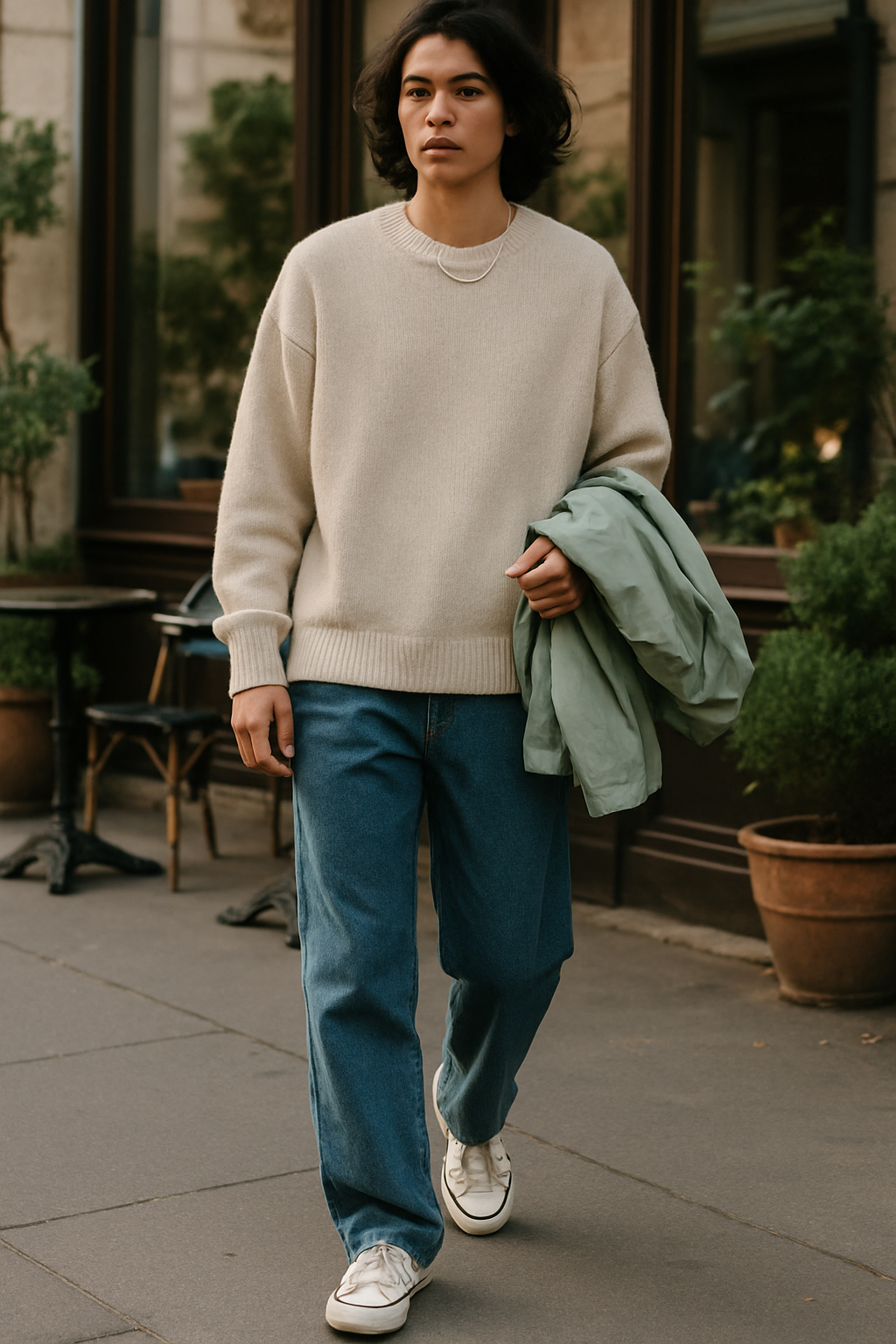 SKIPIKS AIファッション写真 — casual, chic — ベージュのニットセーターとデニムパンツの組み合わせで、温かくリラックスした秋のファッションを完成させましょう。グリーンのジャケットを手に持つことでポイントを加え