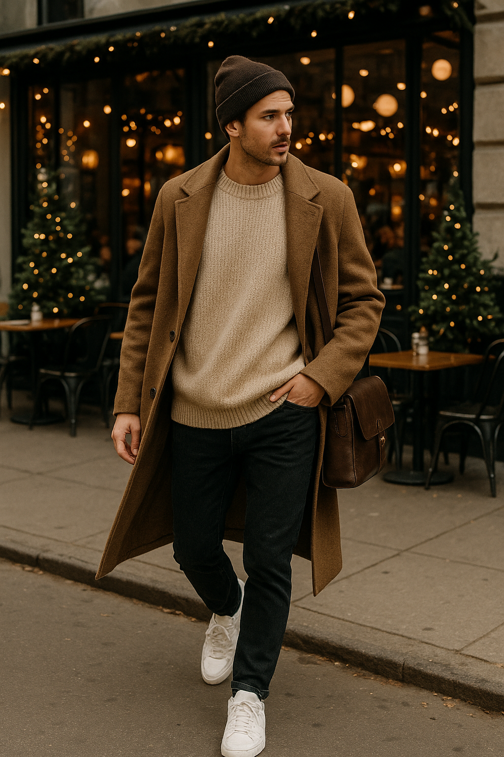 SKIPIKS AI 패션 화보 — urban, casual, minimalist — 갈색 코트와 베이지 니트 스웨터의 조합으로 따뜻하고 온화한 무드를 연출해보세요. 검정 청바지와 흰색 스니커즈로 깔끔하면서도 세련된 스타일을 완성