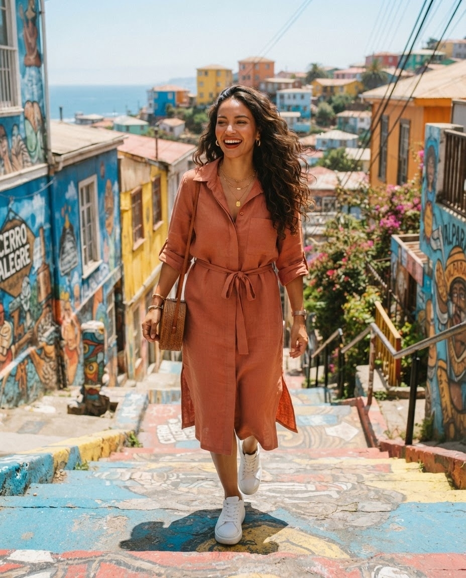 SKIPIKS AIファッション写真 — casual, minimalist — テラコッタカラーのシャツドレスは、暖かい夏の雰囲気にぴったりのルックです。ホワイトスニーカーとラタンのクロスバッグを合わせて、カジュアルでありながらスタイリッシ