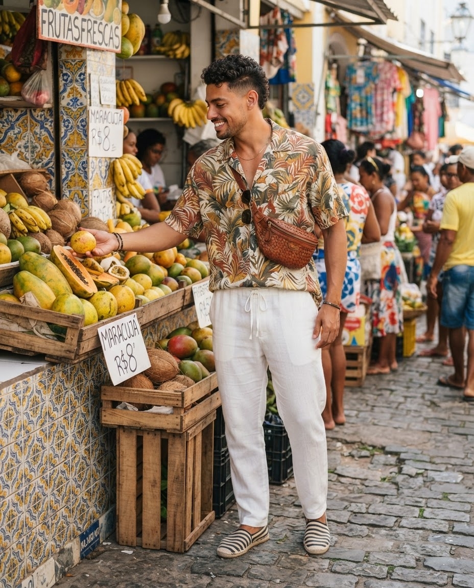 SKIPIKS AI fashion editorial — bohemian, tropical — This cool look features a Hawaiian shirt perfect for summer paired with white li