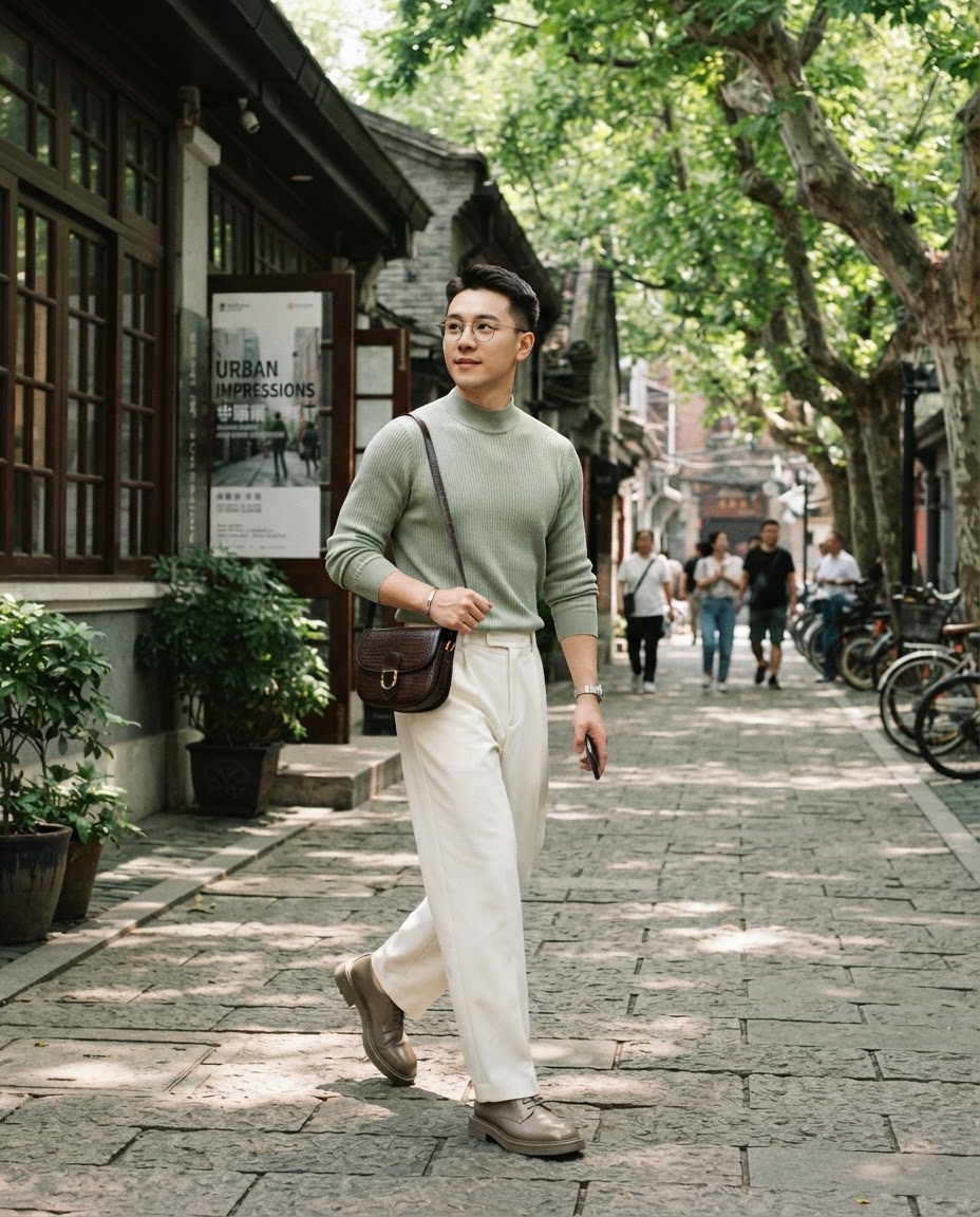 SKIPIKS AI fashion editorial — minimalist, streetwear — A light green knit sweater paired with ivory wide pants creates a soft and clean