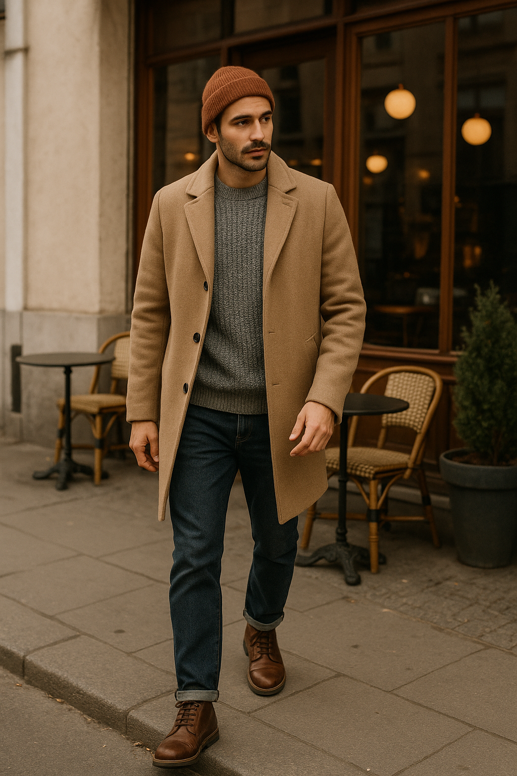 SKIPIKS AI fashion editorial — casual, classic — Pair a beige coat with a gray sweater for a classic and warm autumn vibe. Match 