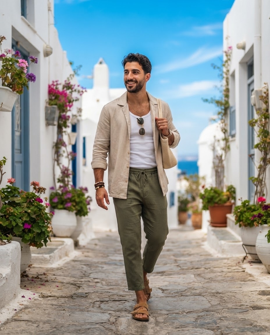 SKIPIKS AIファッション写真 — casual, vacation, relaxed — ベージュのリネンジャケットとホワイトのタンクトップで爽やかなムードを演出しました。カーキのパンツとブラウンのサンダルを合わせて、夏の自然さを引き立てています。バ
