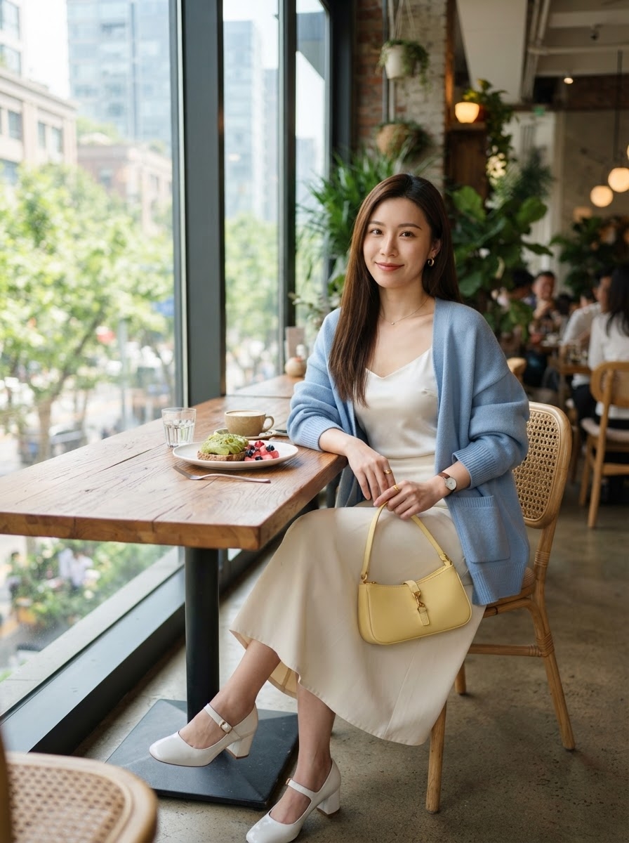 SKIPIKS AIファッション写真 — feminine, casual — 柔らかなパステルブルーとアイボリーの調和が爽やかな雰囲気を演出します。スカイブルーのカーディガンとスリップドレスでフェミニンなムードを引き立ててください。デイリ