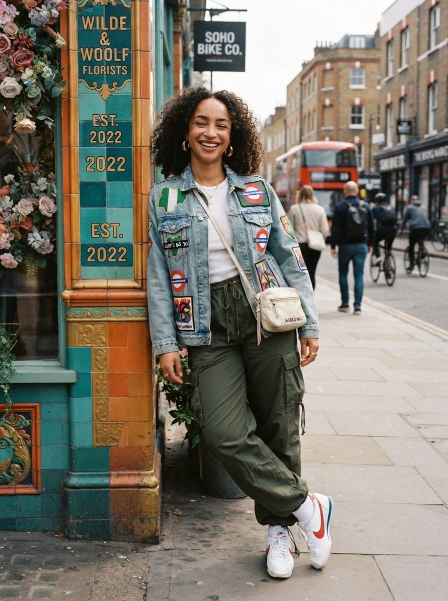 SKIPIKS AI fashion editorial — streetwear, casual — Create an impressive street mood with a denim jacket and khaki cargo pants. Pair