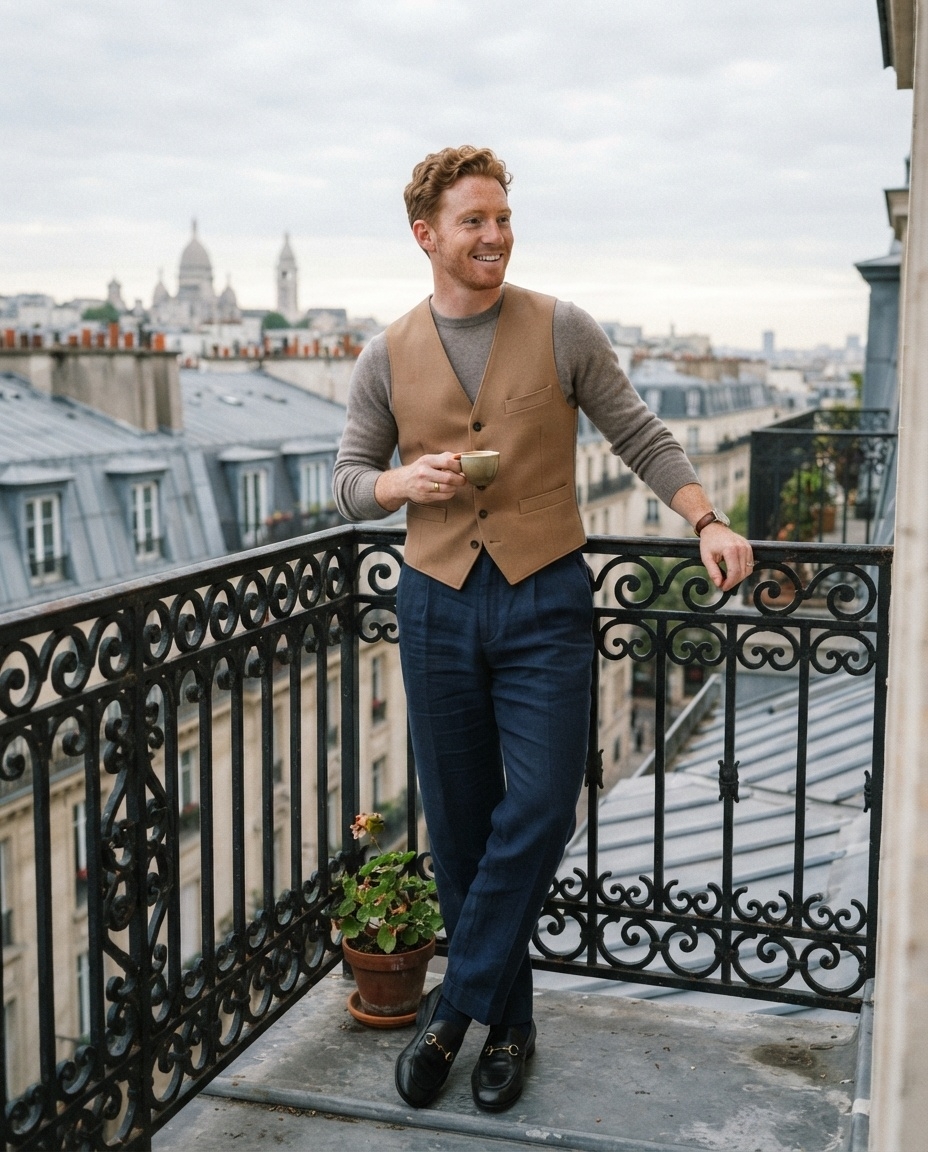 SKIPIKS AI fashion editorial — classic, sophisticated — The beige vest is elegantly paired over a soft gray sweater. I recommend navy sl