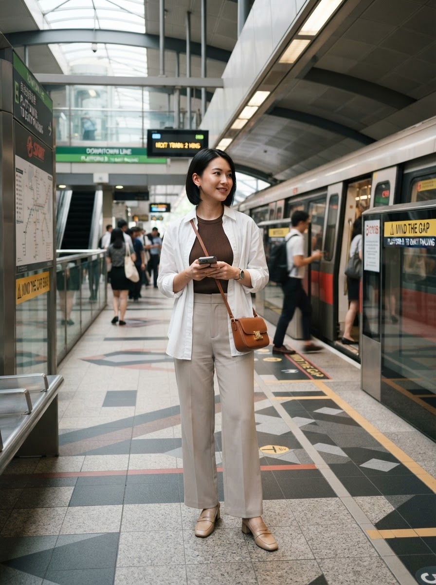 SKIPIKS AI fashion editorial — minimalist, chic — Create a sophisticated and calm mood with the combination of a white shirt and b
